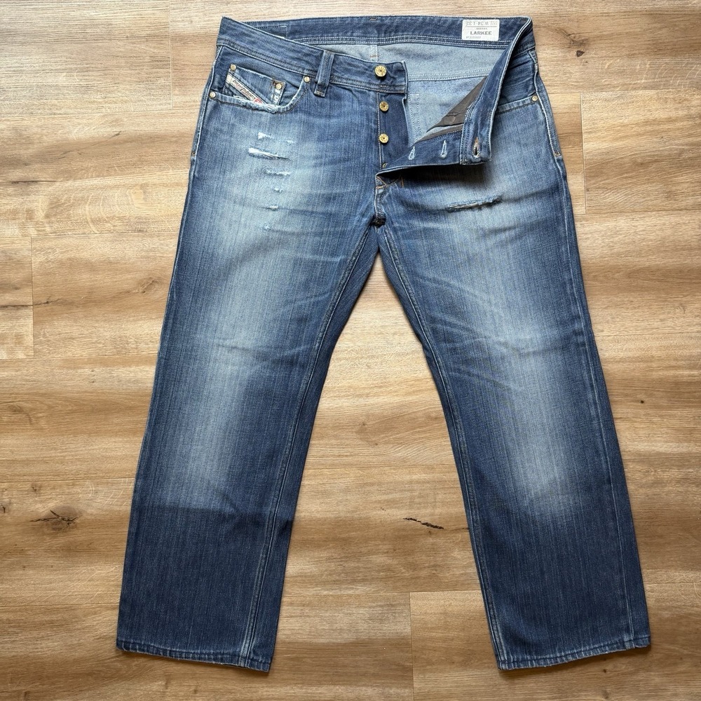 Diesel Larkee Jeans Men 34x28 Blue Straight Leg Dark Wash Faded Distressed 008ST
